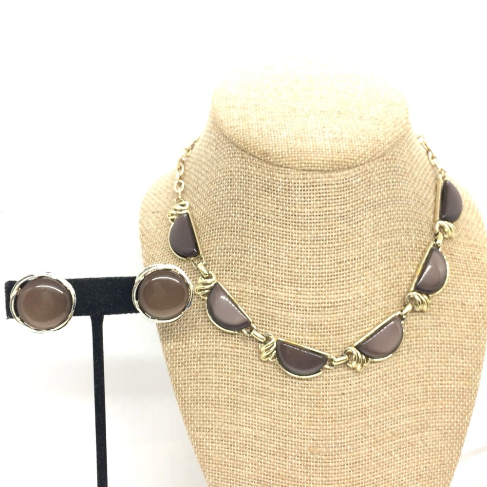 VINTAGE CORO NECKLACE LISNER CLIP ON EARRING THERMOSET JEWELRY SET BROWN MCM